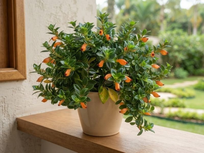Columeia peixinho em vaso com algumas folhas amarelas entre a folhagem verde e flores alaranjadas.