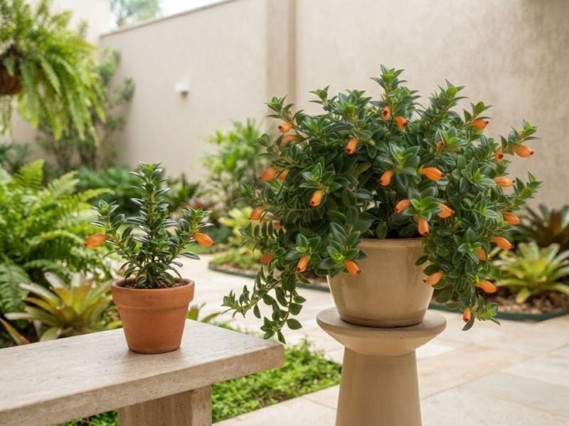 Muda jovem de columeia peixinho em vaso pequeno ao lado de planta adulta florida com ramos pendentes.