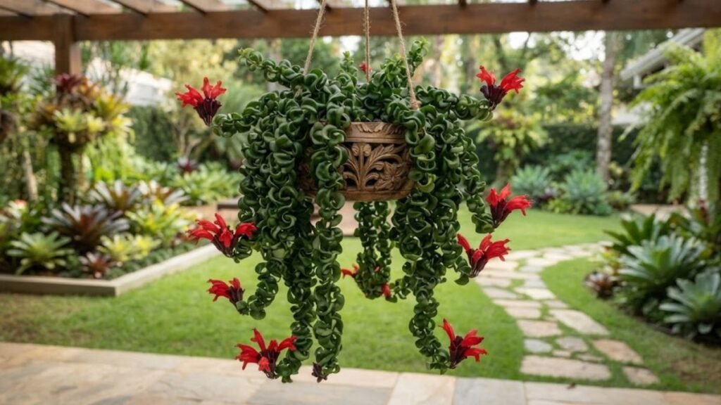Columeia rasta florida em vaso suspenso, com folhas enroladas e flores vermelhas nas pontas dos ramos.