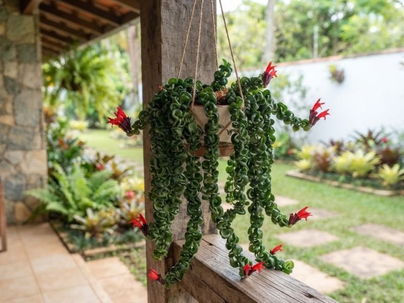 Columeia-rasta florida em vaso suspenso na varanda, com folhas enroladas e flores vermelhas tubulares.
