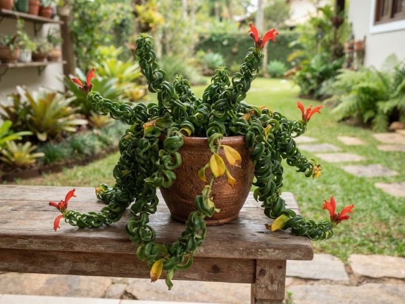 Columeia-rasta em vaso com algumas folhas enroladas amareladas entre a folhagem verde.