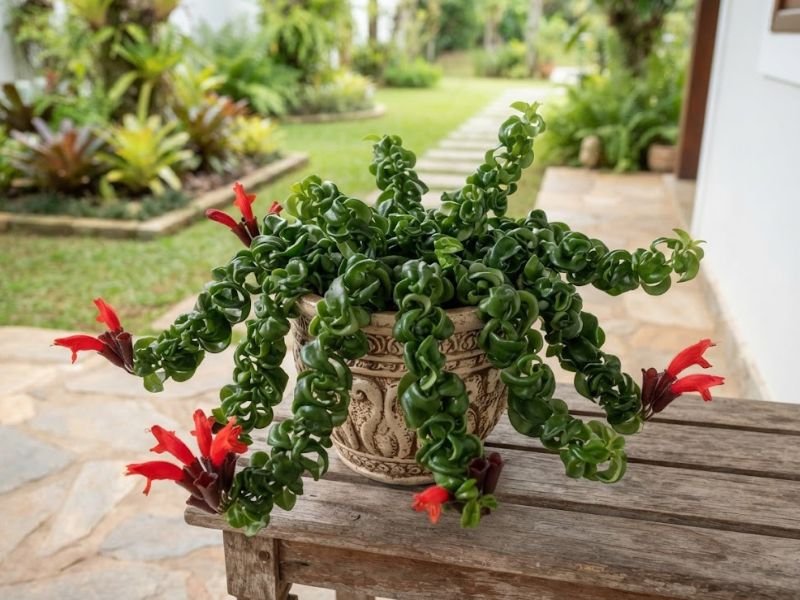 Columeia-rasta com ramos pendentes e folhas verdes naturalmente enroladas em vaso ornamental.