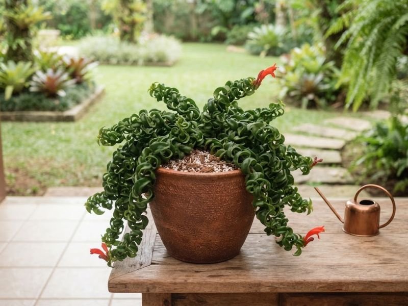 Columeia-rasta jovem em vaso pequeno ao lado de planta adulta com ramos pendentes e folhas enroladas.