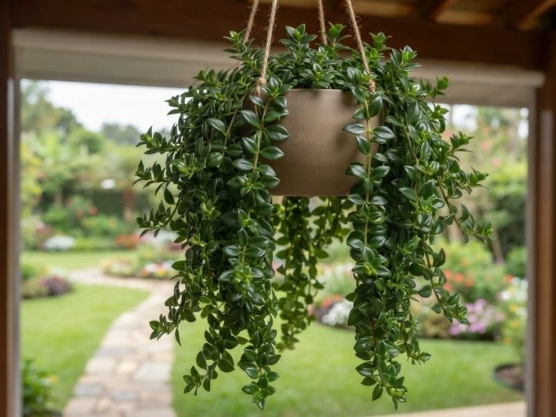 Columeia-peixinho saudável com folhas verdes e ramos pendentes, mas sem flores, em vaso suspenso.