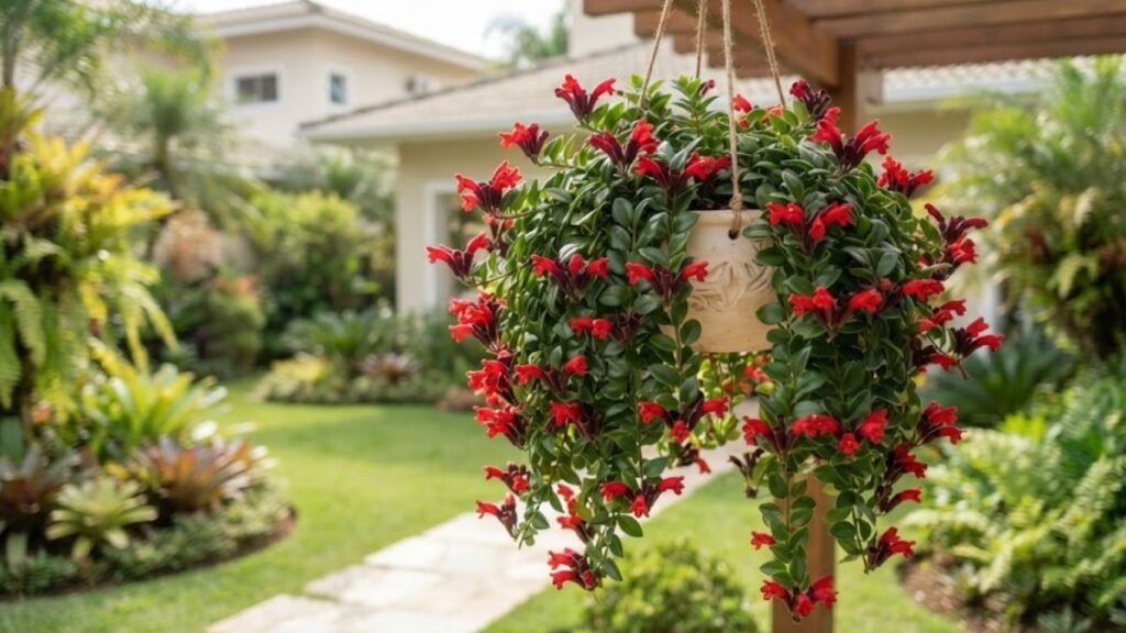 Columeia-batom florida em vaso suspenso, com flores vermelhas e ramos pendentes em jardim residencial.