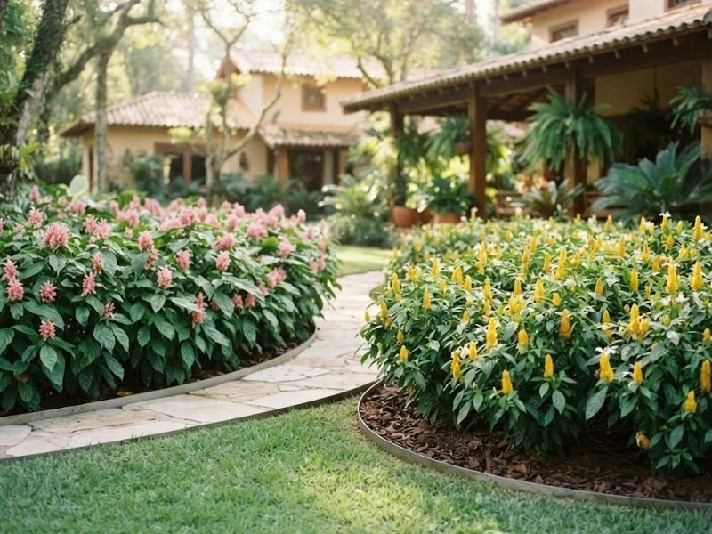 Canteiros separados de Justicia carnea rosa e camarão amarelo em jardim com caminho curvo de pedras.