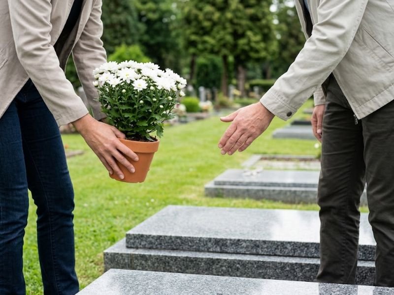Duas pessoas junto a uma sepultura, uma segurando um vaso de crisântemos brancos e a outra indicando o espaço na pedra.