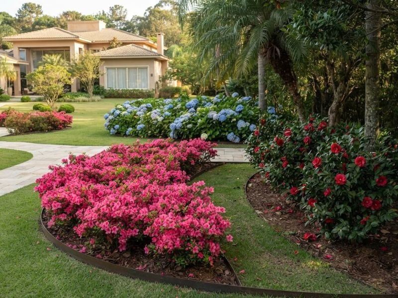 Jardim com azaleias rosa, hortênsias azuis e camélias vermelhas distribuídas em canteiros separados.