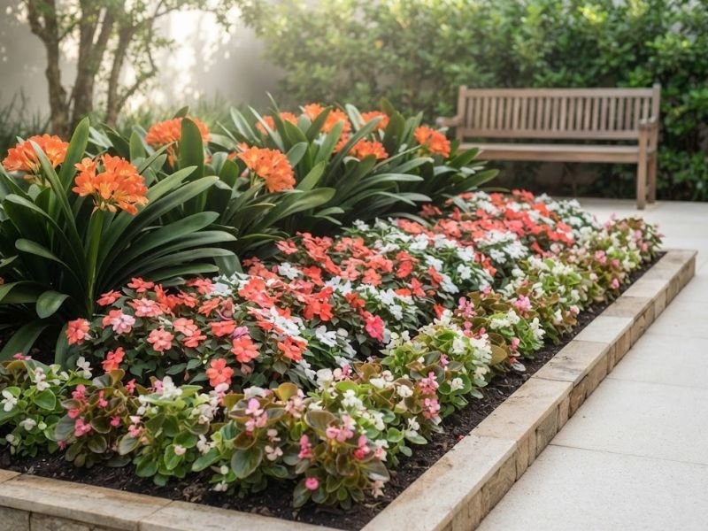 Flores de meia sombra combinadas em camadas no canteiro