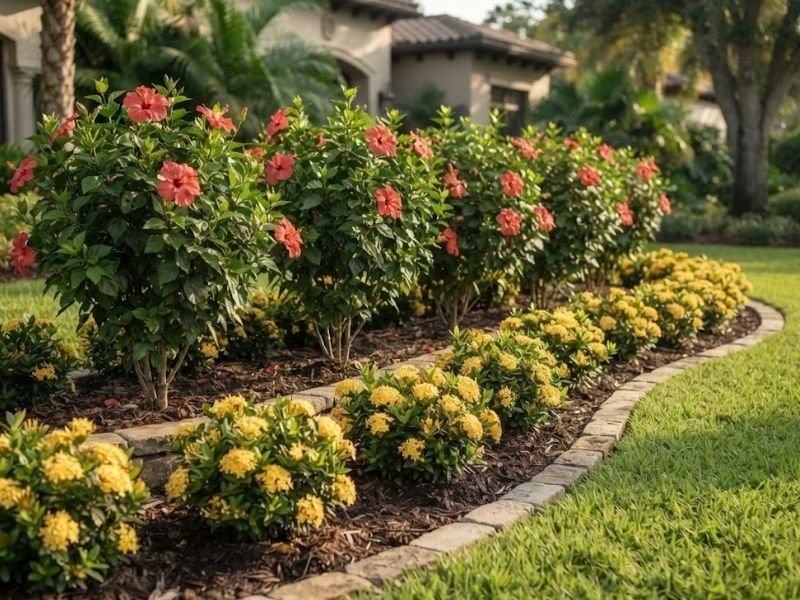 Canteiro curvo com hibiscos coral ao fundo e ixoras amarelas na frente