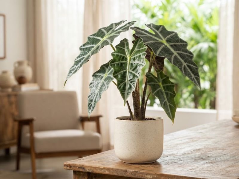 Alocasia amazônica saudável em vaso claro sobre mesa de madeira, próxima à janela com luz natural indireta.