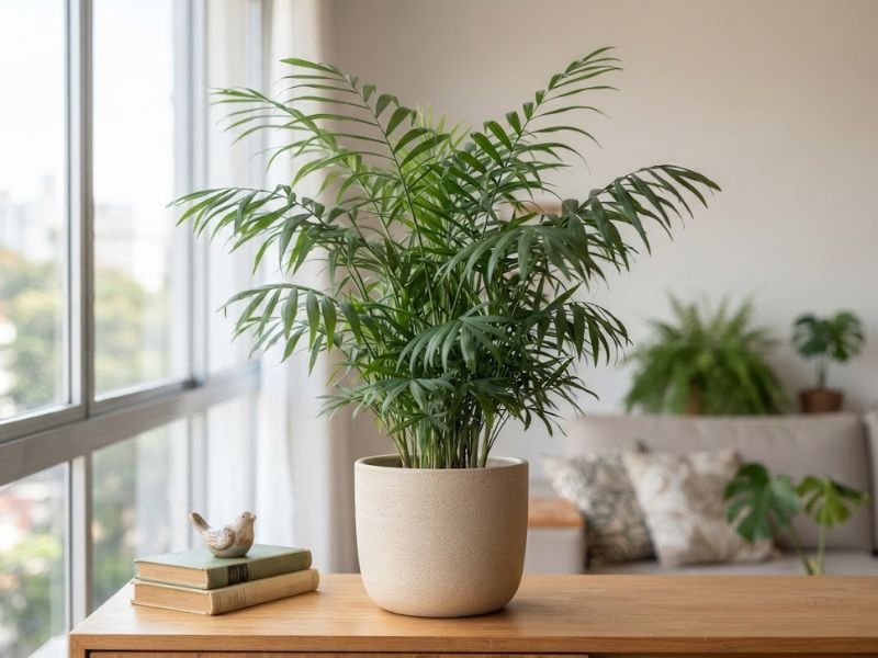 Camedórea elegante saudável em vaso claro sobre aparador próximo à janela, recebendo luminosidade natural indireta.