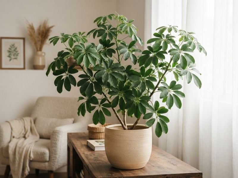 Cheflera anã saudável em vaso de cerâmica clara sobre mesa de madeira, próxima a uma janela em sala aconchegante.