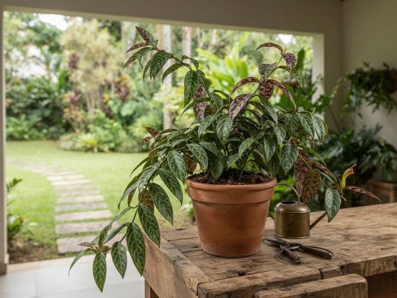 Columeia mármore em vaso de barro sobre bancada de madeira, acompanhada de regador e tesoura de poda.