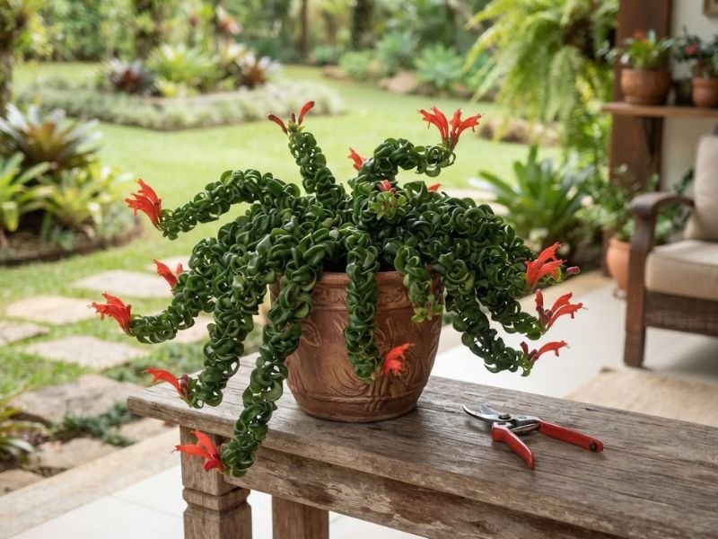 Columeia-rasta saudável em vaso de cerâmica sobre bancada, com folhas enroladas e materiais de jardinagem.