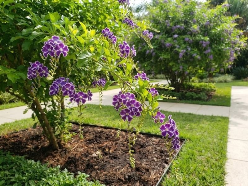 Duranta florida cultivada em canteiro ensolarado no jardim