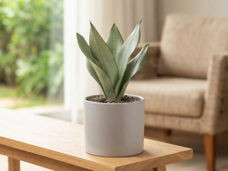 Sansevieria Moonshine pequena em vaso de cerâmica clara sobre mesa de madeira, próxima à janela de uma sala iluminada.