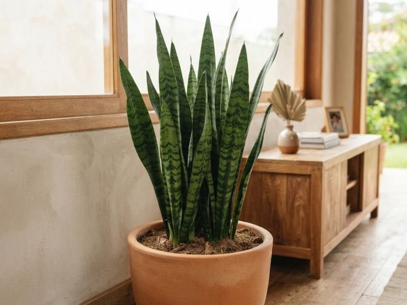 Espada de São Jorge verde saudável em vaso de terracota próximo a uma janela de madeira, recebendo iluminação natural dentro de casa.