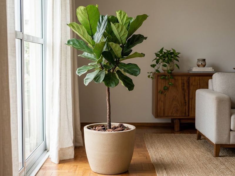 Ficus lyrata saudável em vaso de cerâmica próximo a uma janela ampla, recebendo luz natural dentro de casa.