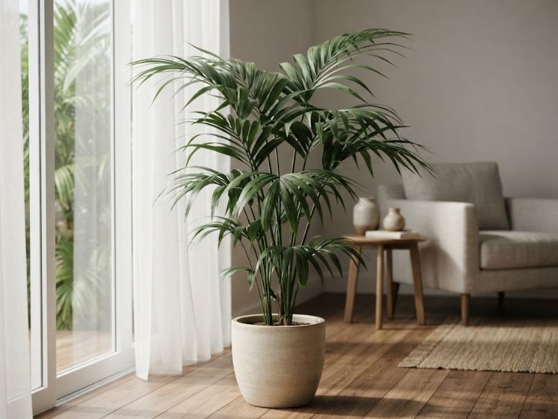 Palmeira kentia saudável cultivada em vaso claro no chão, próxima a uma janela com cortina branca e poltrona ao fundo.