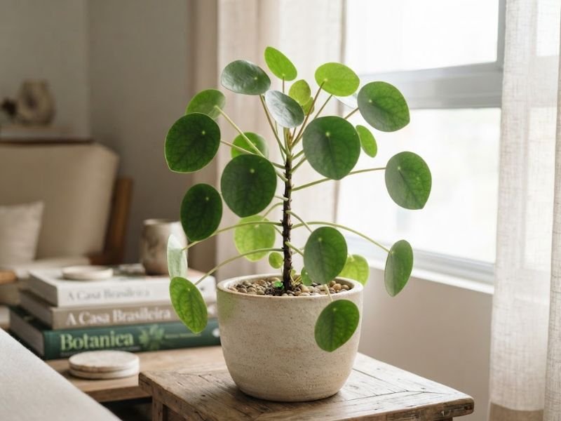 Pilea peperomioides saudável em vaso claro sobre mesa de madeira, próxima a uma janela com luz natural indireta.