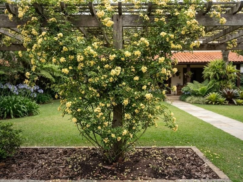 Rosa banksiae saudável cultivada no solo junto a estrutura de madeira
