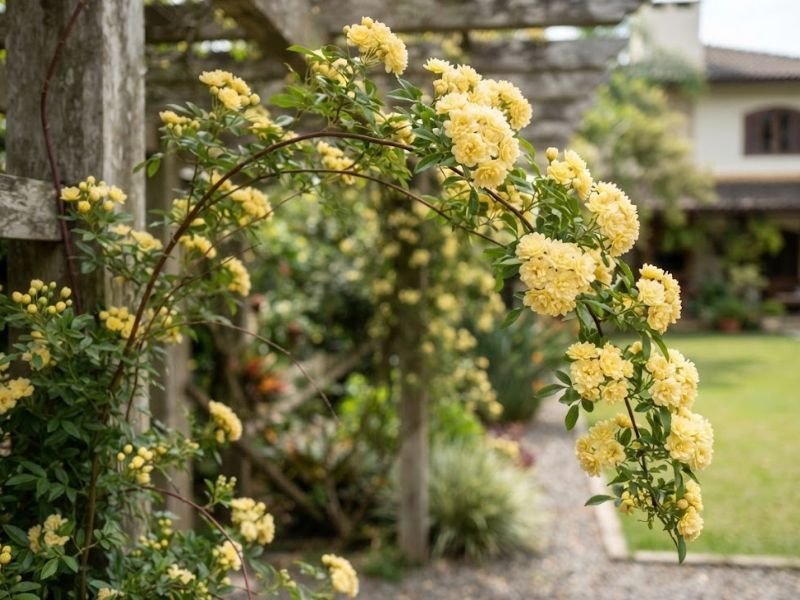 Ramo arqueado de Rosa banksiae com pequenas flores amarelas e folíolos verdes
