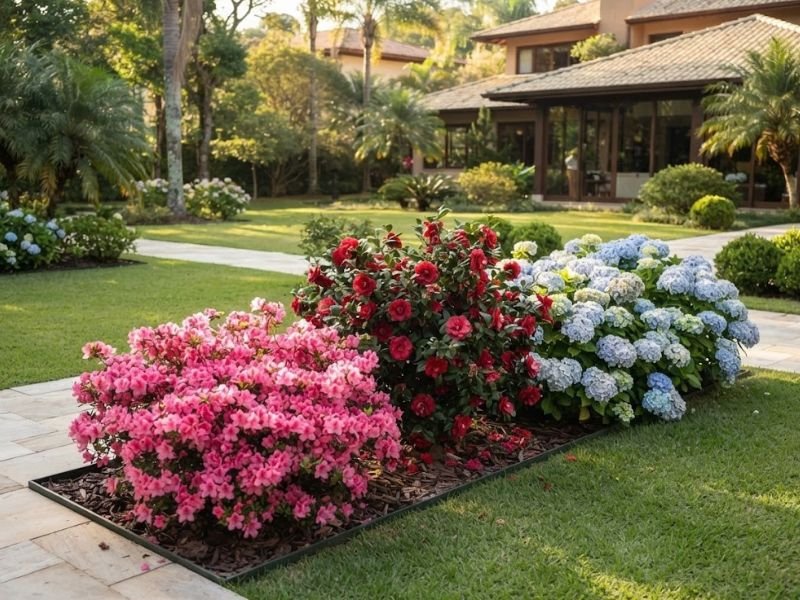 Jardim residencial com azaleias rosa, camélias vermelhas e hortênsias azuis distribuídas em canteiro ornamental.
