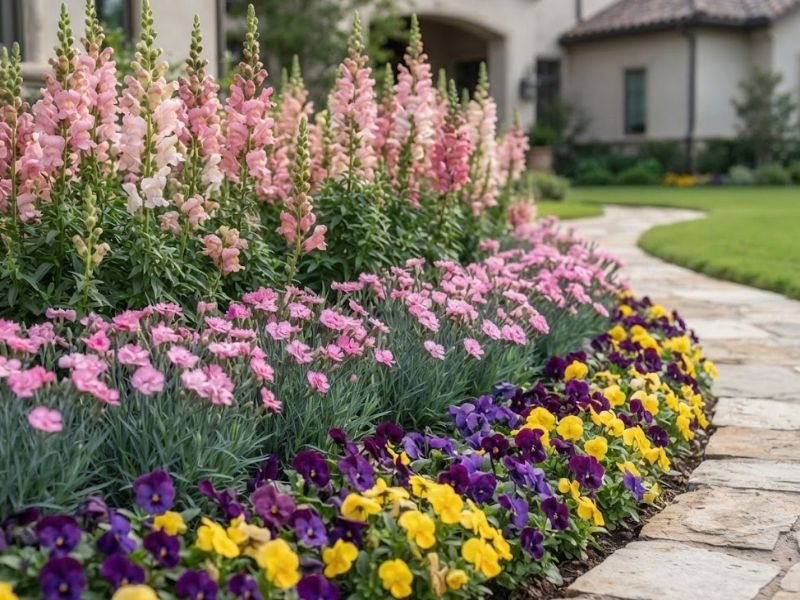 Canteiro de inverno com amor-perfeito roxo e amarelo, cravinas rosadas e bocas-de-leão distribuídas por altura.