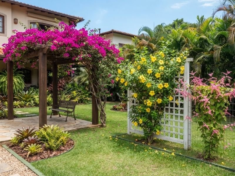 Bougainvillea, alamanda amarela e amor agarradinho em diferentes estruturas de jardim