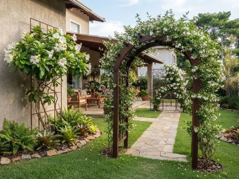 Trepadeiras floridas conduzidas em diferentes estruturas no jardim