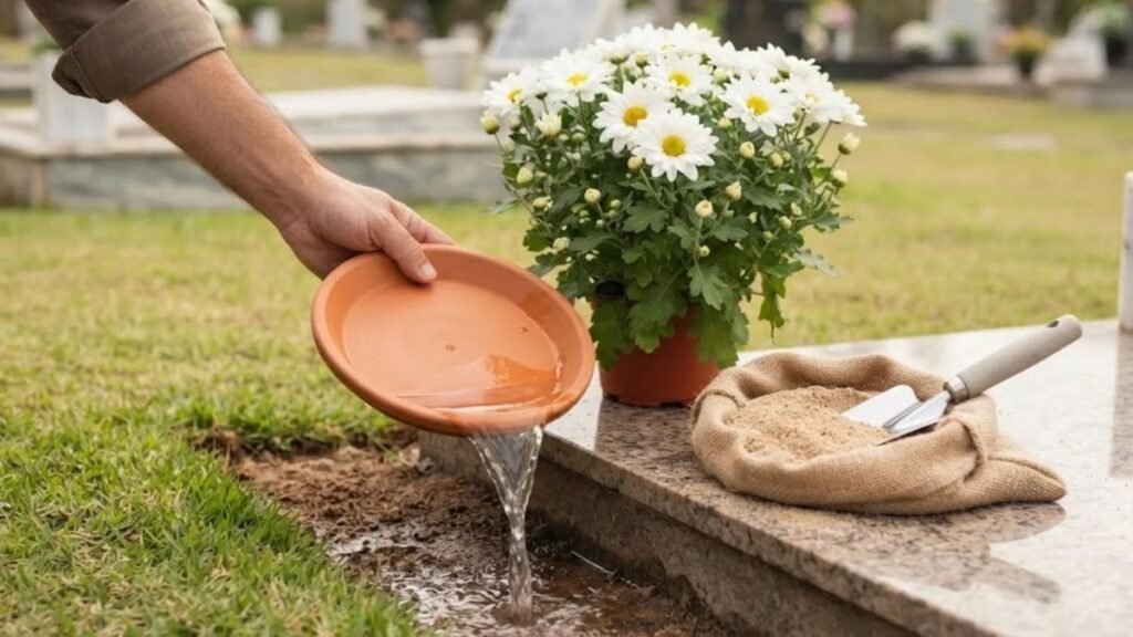 Como evitar o mosquito da dengue: retirada da água de um pratinho, com areia e flores ao lado, no cemitério.