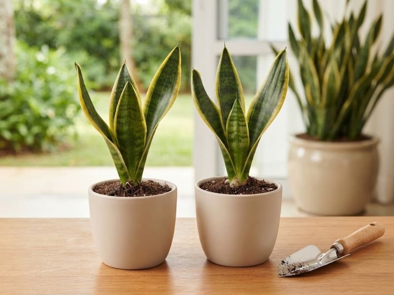 Duas mudas de espada de Santa Bárbara com bordas amarelas em vasos pequenos, sobre bancada de madeira com ferramenta de jardinagem.