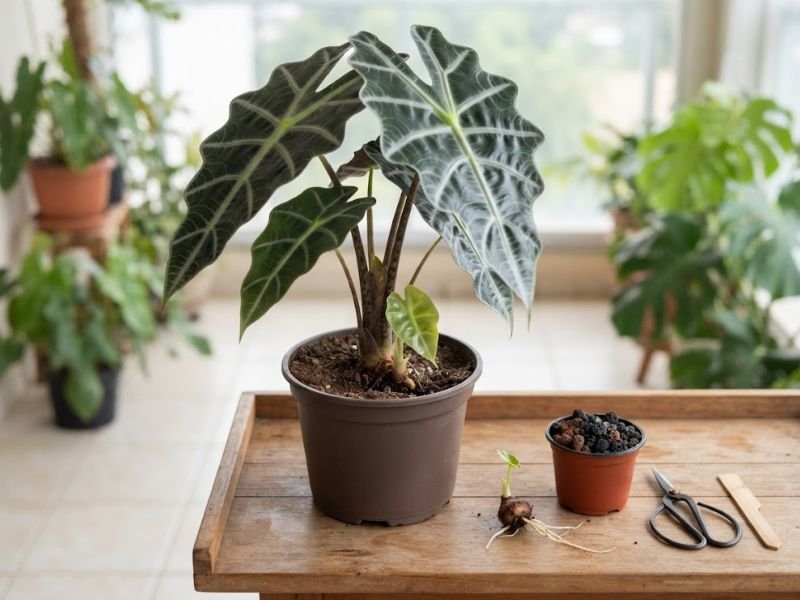 Alocasia amazônica adulta em vaso de cultivo, com pequena estrutura subterrânea brotando e criando raízes sobre bancada de madeira.