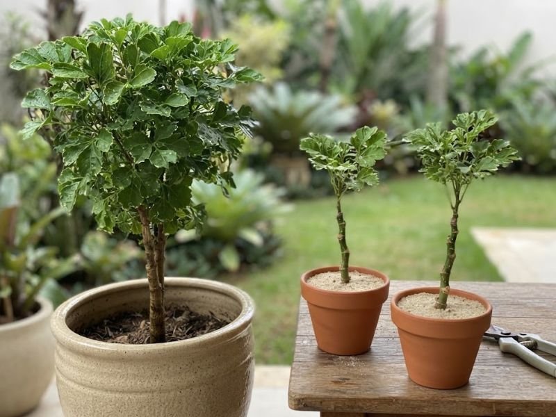 Árvore da felicidade macho adulta em vaso grande ao lado de duas mudas feitas por estacas de caule, plantadas em vasos de terracota.