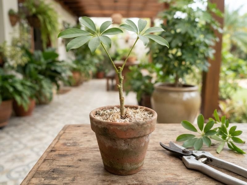 Estaca de cheflera anã plantada em vaso de terracota, com caule visível e duas folhas palmadas, ao lado de tesoura e ramo cortado.