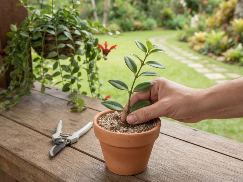 Mão plantando estaca de columeia em vaso com substrato leve sobre bancada de jardinagem.