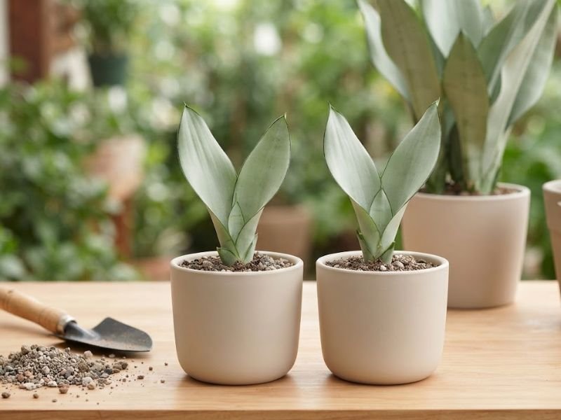 Duas mudas pequenas de Sansevieria Moonshine em vasos bege, sobre bancada de madeira com pá de jardinagem.