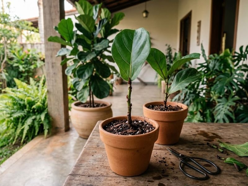 Duas mudas de Ficus lyrata produzidas por estacas de caule, cultivadas em pequenos vasos sobre bancada de madeira.