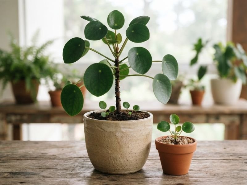 Pilea peperomioides adulta com pequenas brotações na base e uma muda da mesma espécie plantada em vaso de terracota ao lado.