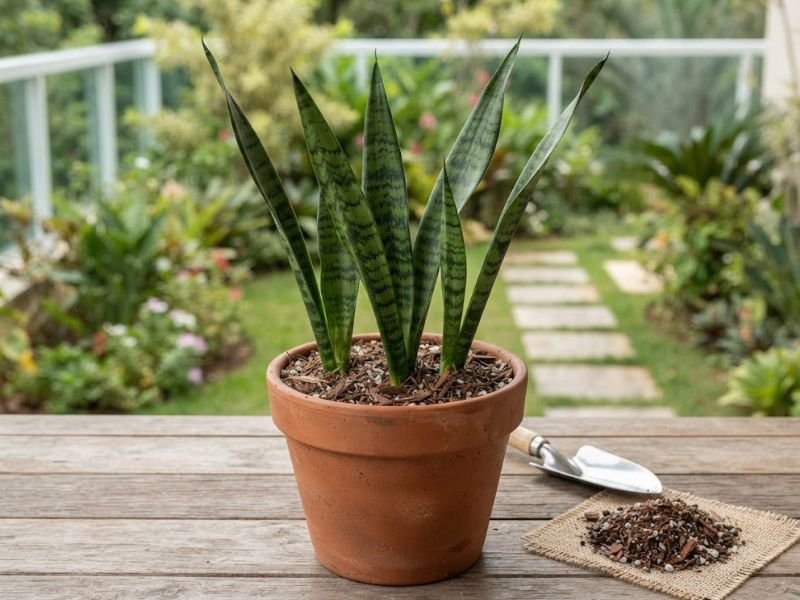 Muda de espada de São Jorge verde plantada em vaso de barro com substrato drenante, sobre bancada de madeira com ferramenta de jardinagem.