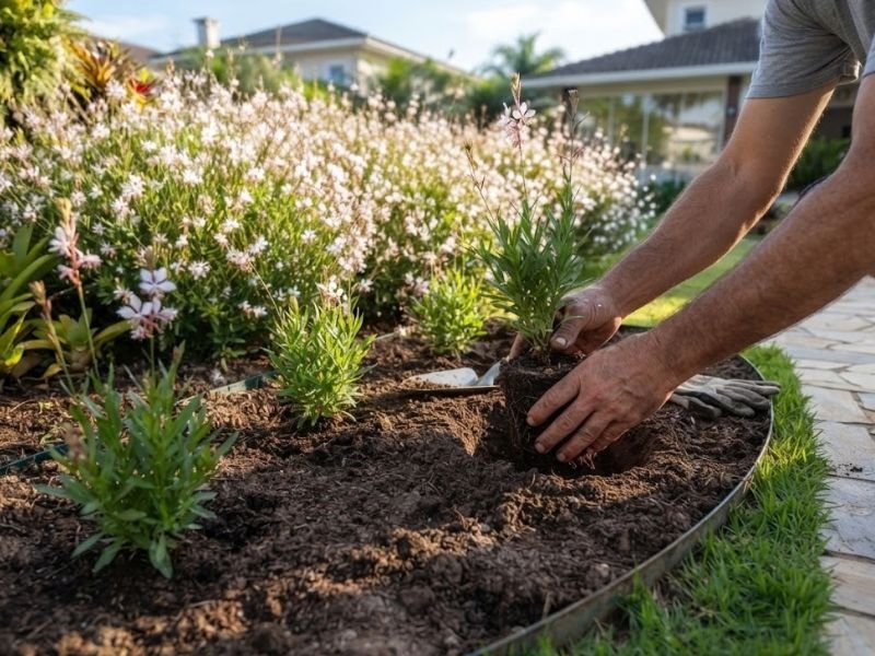 Mãos posicionando uma muda de gaura com torrão de raízes em uma cova preparada no canteiro.