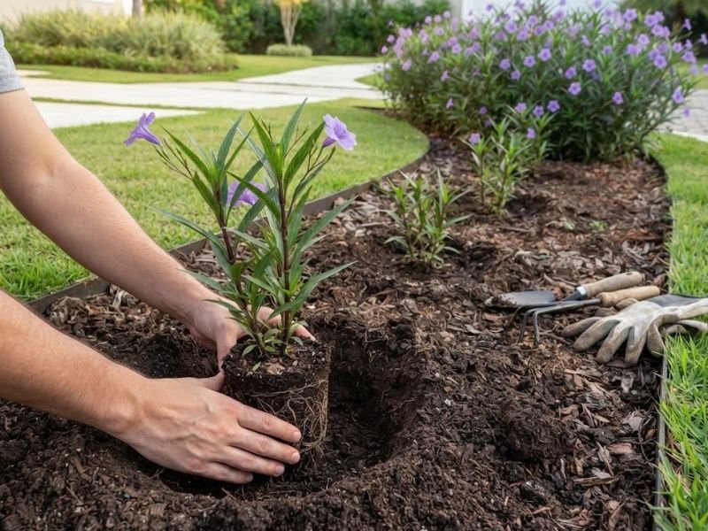 Mãos acomodando uma muda de petúnia mexicana com torrão de raízes em uma cova preparada no jardim.
