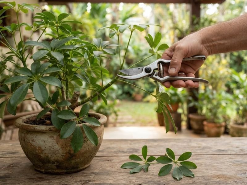 Mão segurando tesoura de poda junto a um ramo de cheflera anã em vaso, sobre bancada de madeira em varanda.