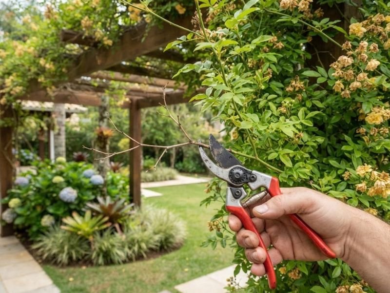 Poda de ramo seco da Rosa banksiae após a floração