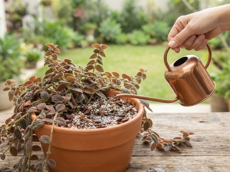 Rega da columeia gloriosa em vaso de terracota, com água direcionada ao substrato sem molhar as folhas aveludadas.