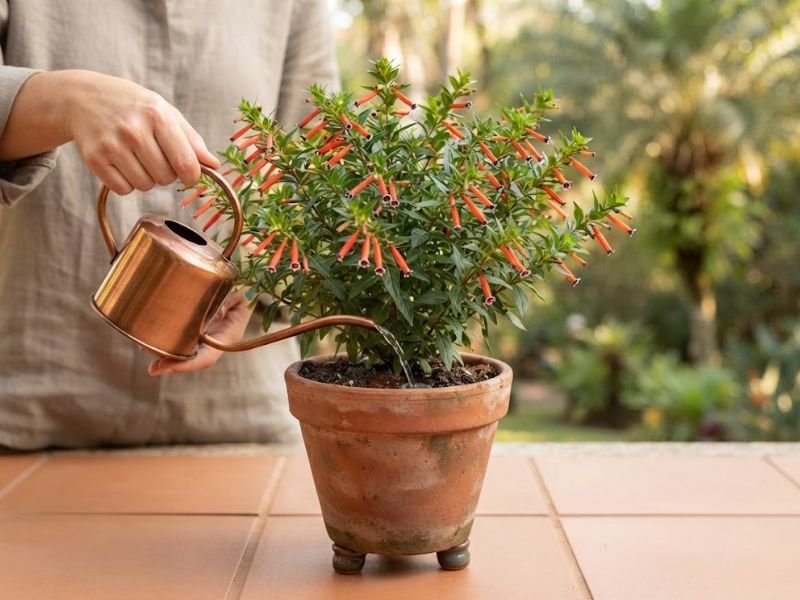 Pessoa regando o substrato de uma flor de Santo Antônio em vaso de terracota.