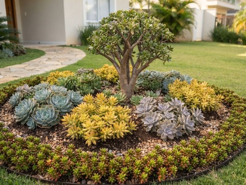Paisagismo com suculentas de sol pleno em jardim residencial