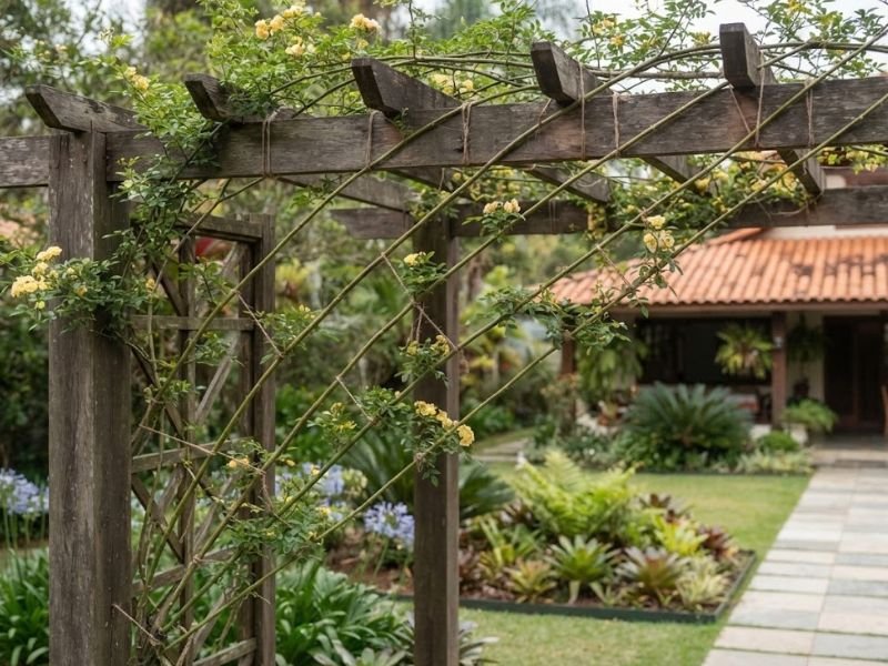 Ramos longos de roseira trepadeira conduzidos sobre pérgola de madeira