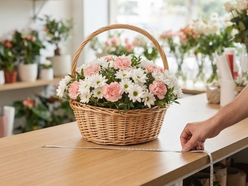 Cesta de flores sobre um balcão de floricultura, com fita métrica estendida à frente e uma mão segurando a ponta.